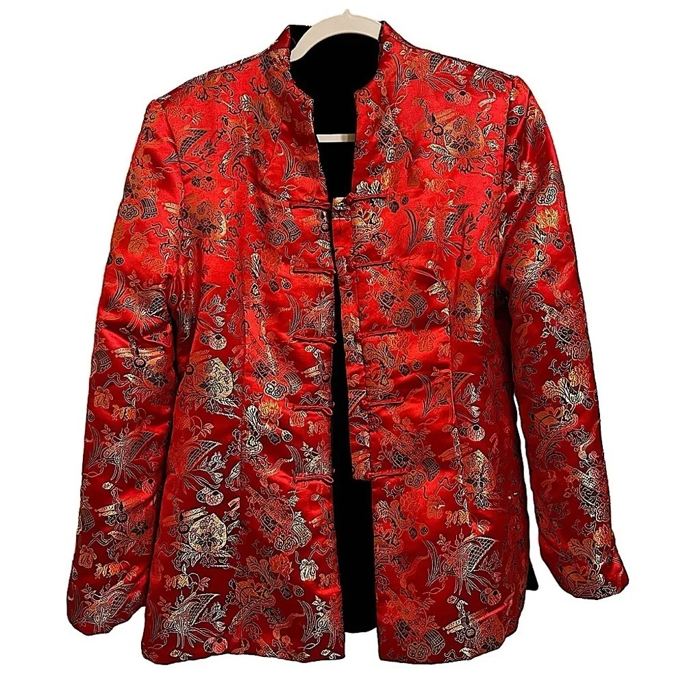 Beautiful Reversible Black Velvet to Red Asian Print Jacket Luxe Look Size M/L